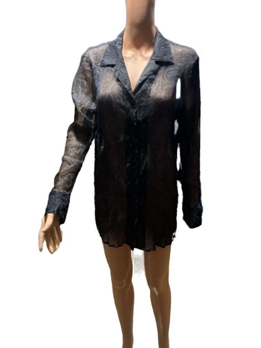 Nomadic Traders Black Silk Blend Sheer Leaf Print Button Down Shirt Size XL